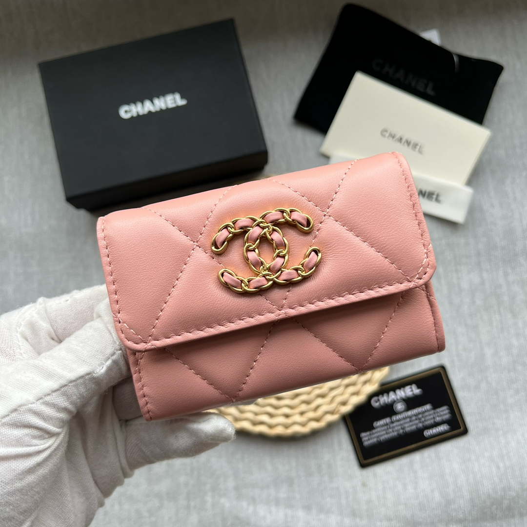Chanel AP1790 19 flap Card Holder shiny lambskin gold tone ruthenium finish metal Pink - Default Title - View 3