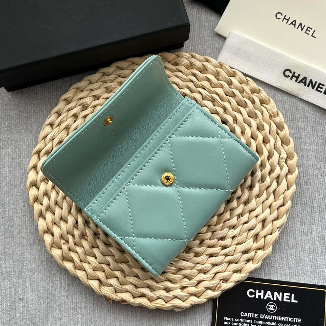 Chanel AP1790 19 flap Card Holder shiny lambskin gold tone ruthenium finish metal Blue - Default Title - View 7