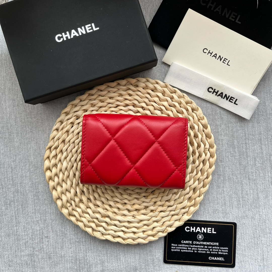 Chanel AP1790 19 flap Card Holder shiny lambskin gold tone ruthenium finish metal Red - Default Title - View 2