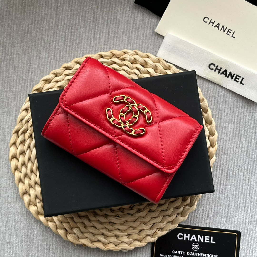 Chanel AP1790 19 flap Card Holder shiny lambskin gold tone ruthenium finish metal Red - Default Title - View 5