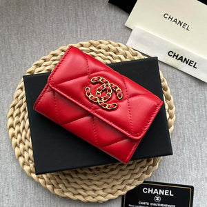 Chanel AP1790 19 flap Card Holder shiny lambskin gold tone ruthenium finish metal Red - Default Title - View 5