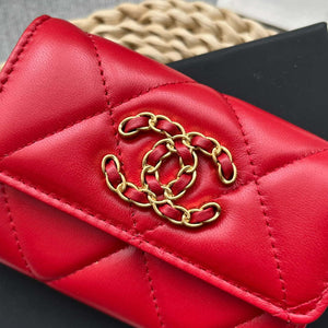 Chanel AP1790 19 flap Card Holder shiny lambskin gold tone ruthenium finish metal Red - Default Title - View 6