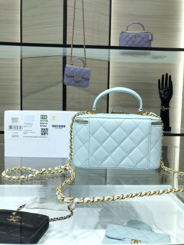 Chanel AP2199 Vanity With Chain Lambskin Gold Tone Light Blue