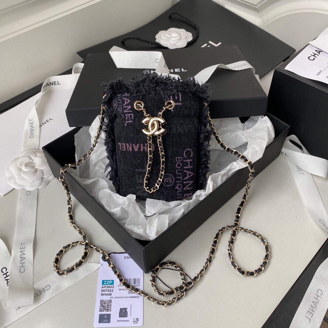 Chanel AP2603 Mini Bucket Bag with Chain Printed Denim Gold Black - Default Title - View 1