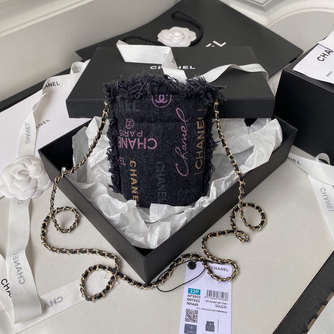 Chanel AP2603 Mini Bucket Bag with Chain Printed Denim Gold Black