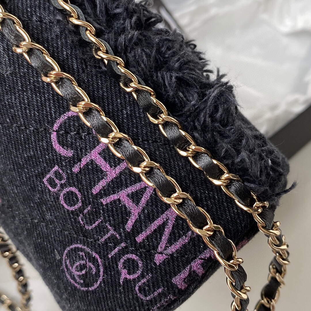 Chanel AP2603 Mini Bucket Bag with Chain Printed Denim Gold Black - Default Title - View 5