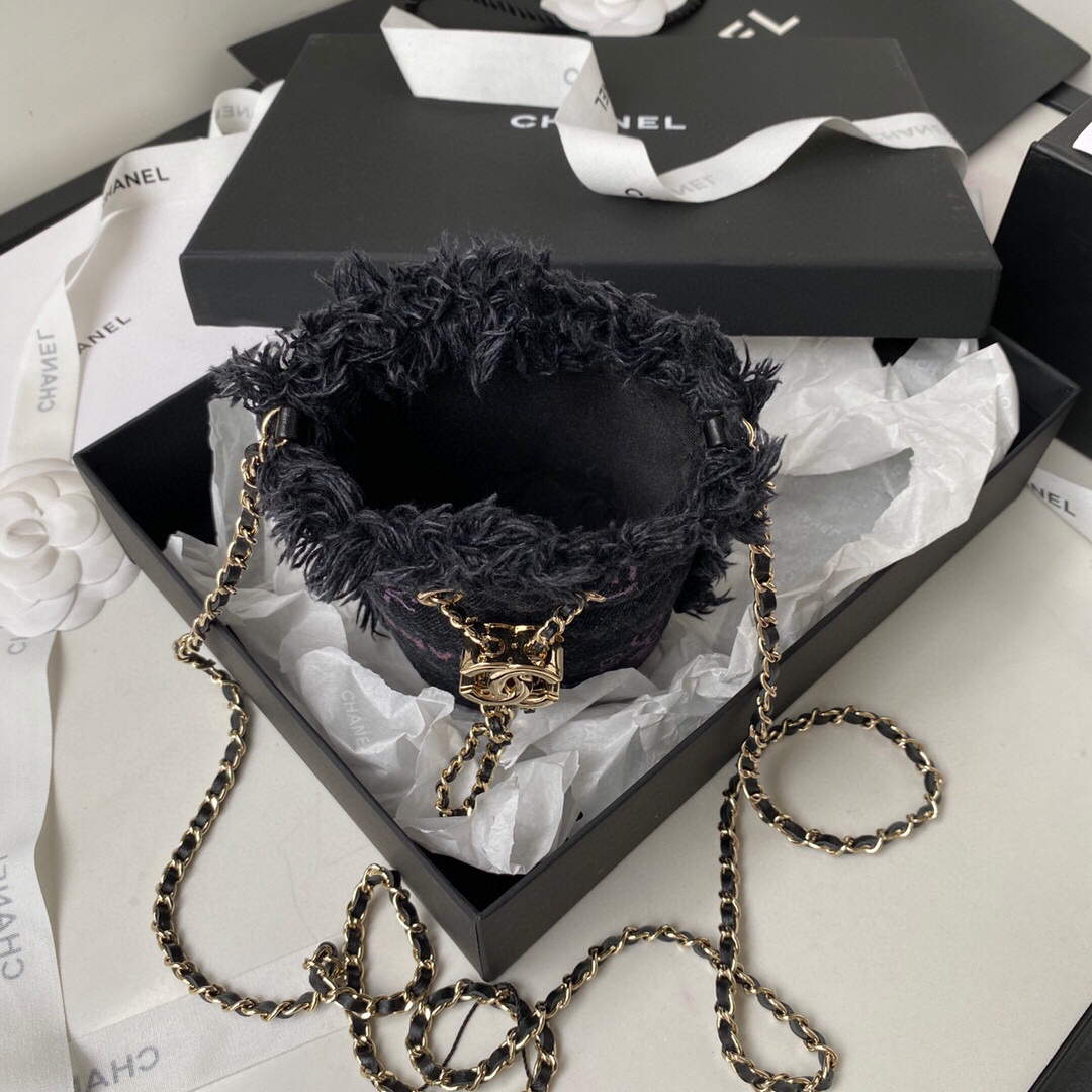 Chanel AP2603 Mini Bucket Bag with Chain Printed Denim Gold Black