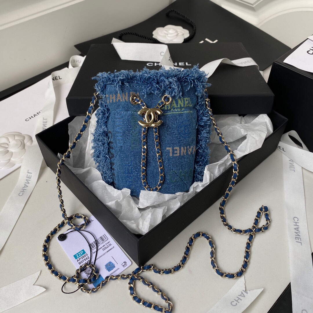 Chanel AP2603 Mini Bucket Bag with Chain Printed Denim Gold Blue - Default Title - View 1