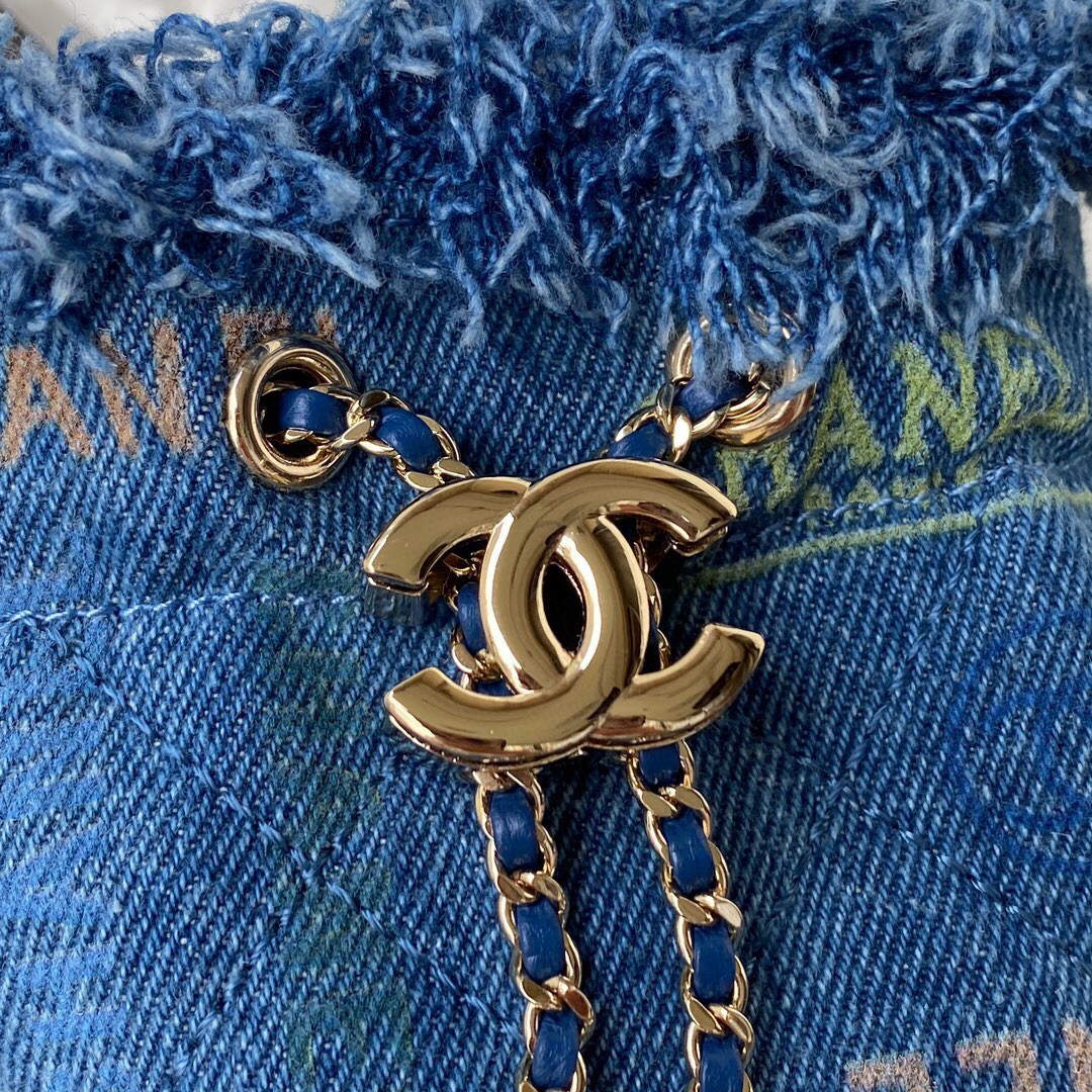 Chanel AP2603 Mini Bucket Bag with Chain Printed Denim Gold Blue