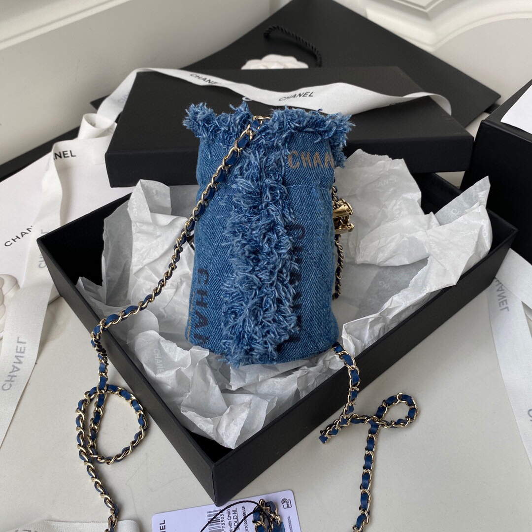 Chanel AP2603 Mini Bucket Bag with Chain Printed Denim Gold Blue