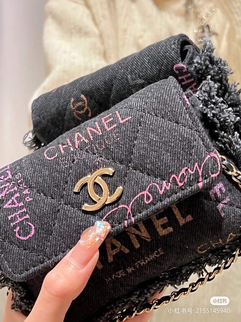 Chanel AP2623 Belt bag printed Denim gold Black