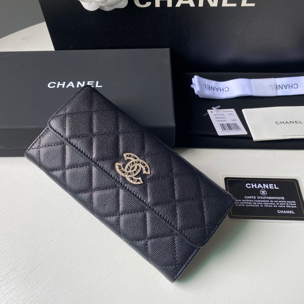 Chanel Long Flap Wallet Grained shiny calfskin AP2740 Black