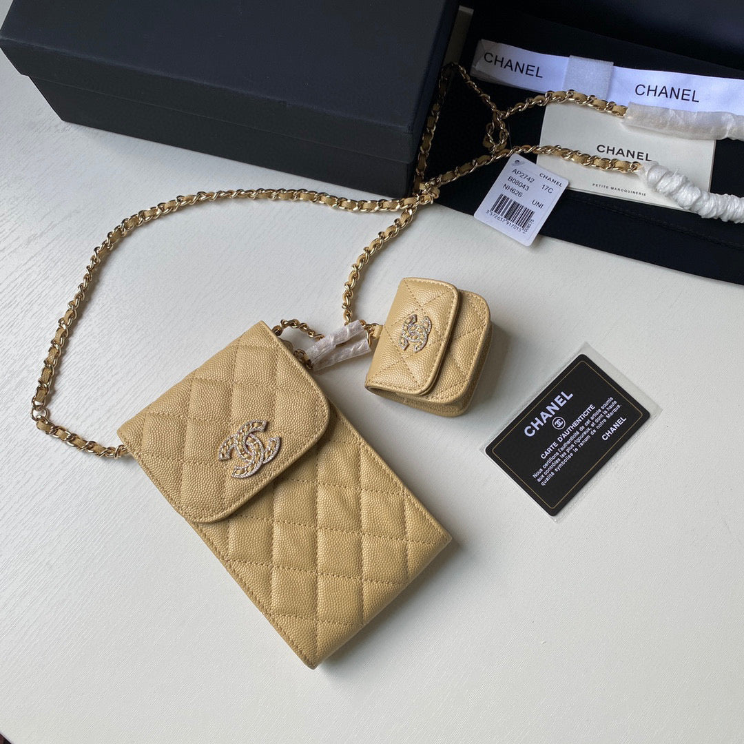 Chanel Phone Airpods Pro Case with Chain Grained Shiny AP2742 Apricot - Default Title - View 3