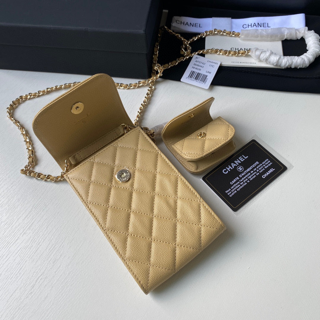 Chanel Phone Airpods Pro Case with Chain Grained Shiny AP2742 Apricot - Default Title - View 6