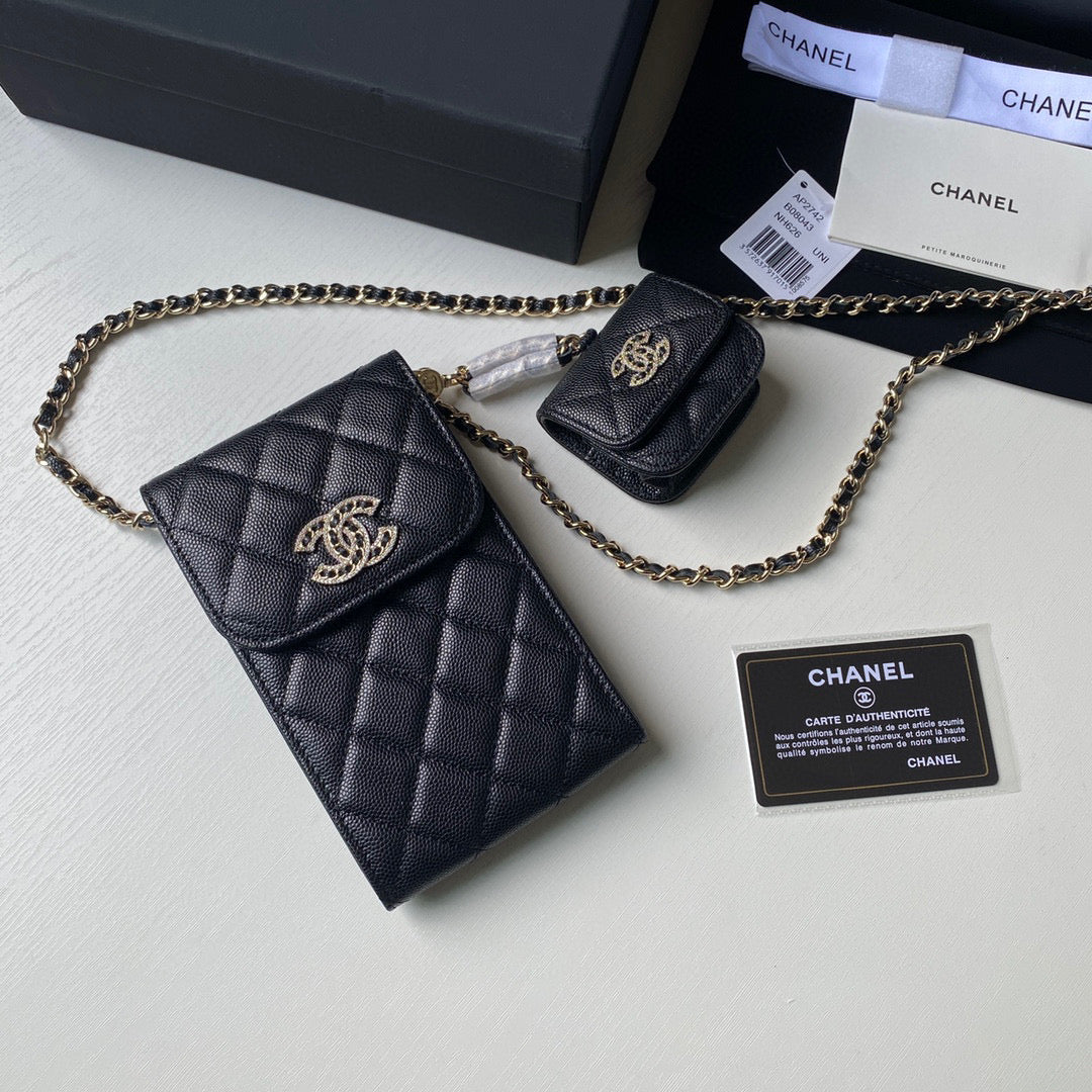 Chanel Phone Airpods Pro Case with Chain Grained Shiny AP2740 black - Default Title - View 3