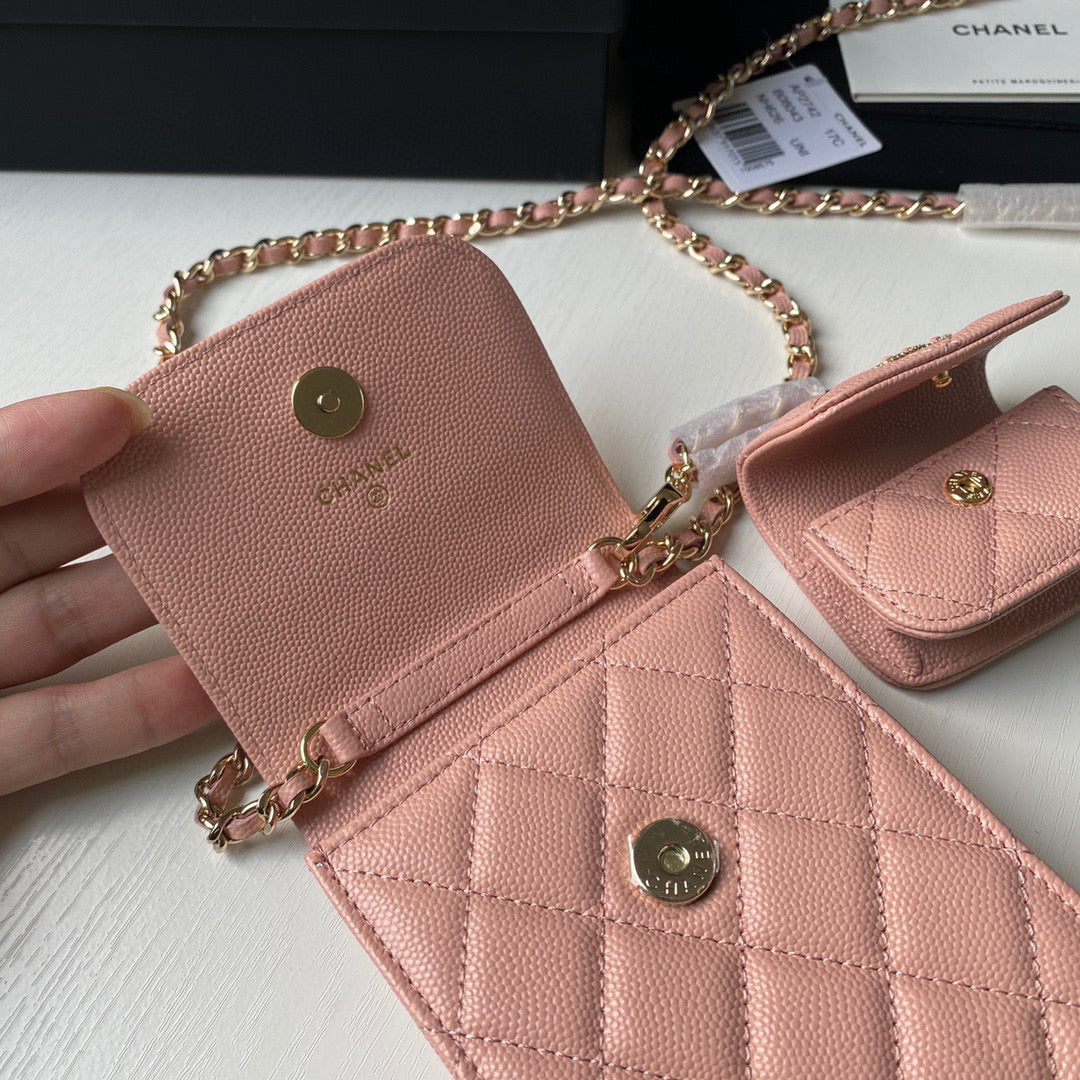 Chanel Phone Airpods Pro Case with Chain Grained Shiny Pink AP2742