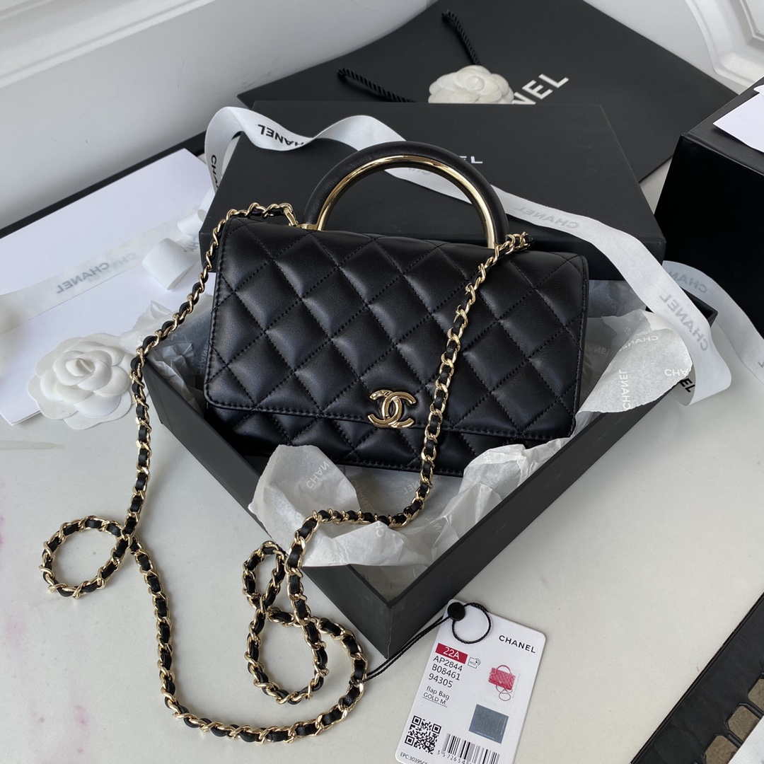 Chanel AP2844 Wallet on chain Lambskin bag with top handle Light gold Black - Default Title - View 1