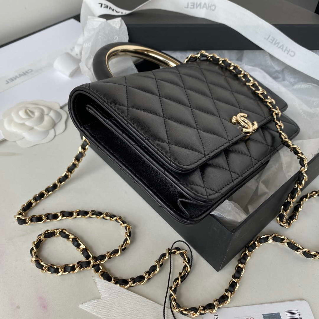 Chanel AP2844 Wallet on chain Lambskin bag with top handle Light gold Black