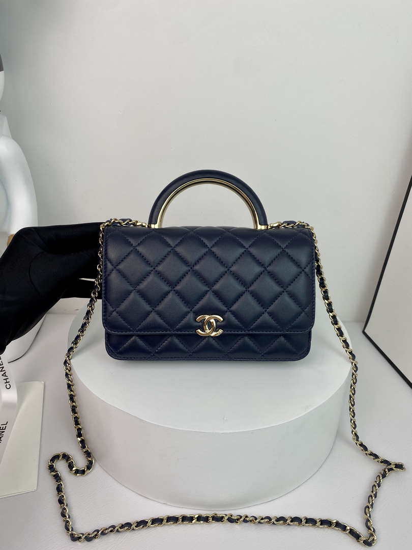 Chanel AP2844 Wallet on chain Lambskin bag with top handle Light gold Navy Blue - Default Title - View 1