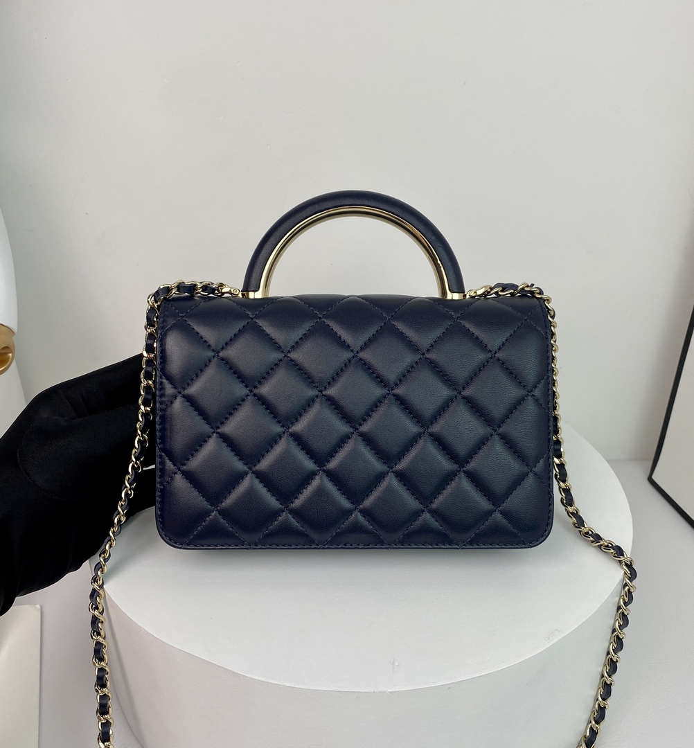 Chanel AP2844 Wallet on chain Lambskin bag with top handle Light gold Navy Blue