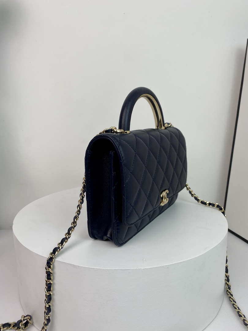 Chanel AP2844 Wallet on chain Lambskin bag with top handle Light gold Navy Blue