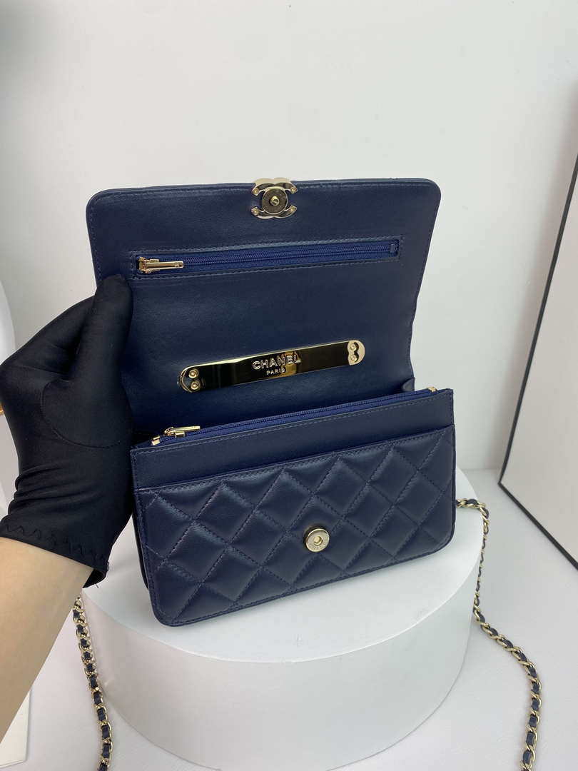 Chanel AP2844 Wallet on chain Lambskin bag with top handle Light gold Navy Blue
