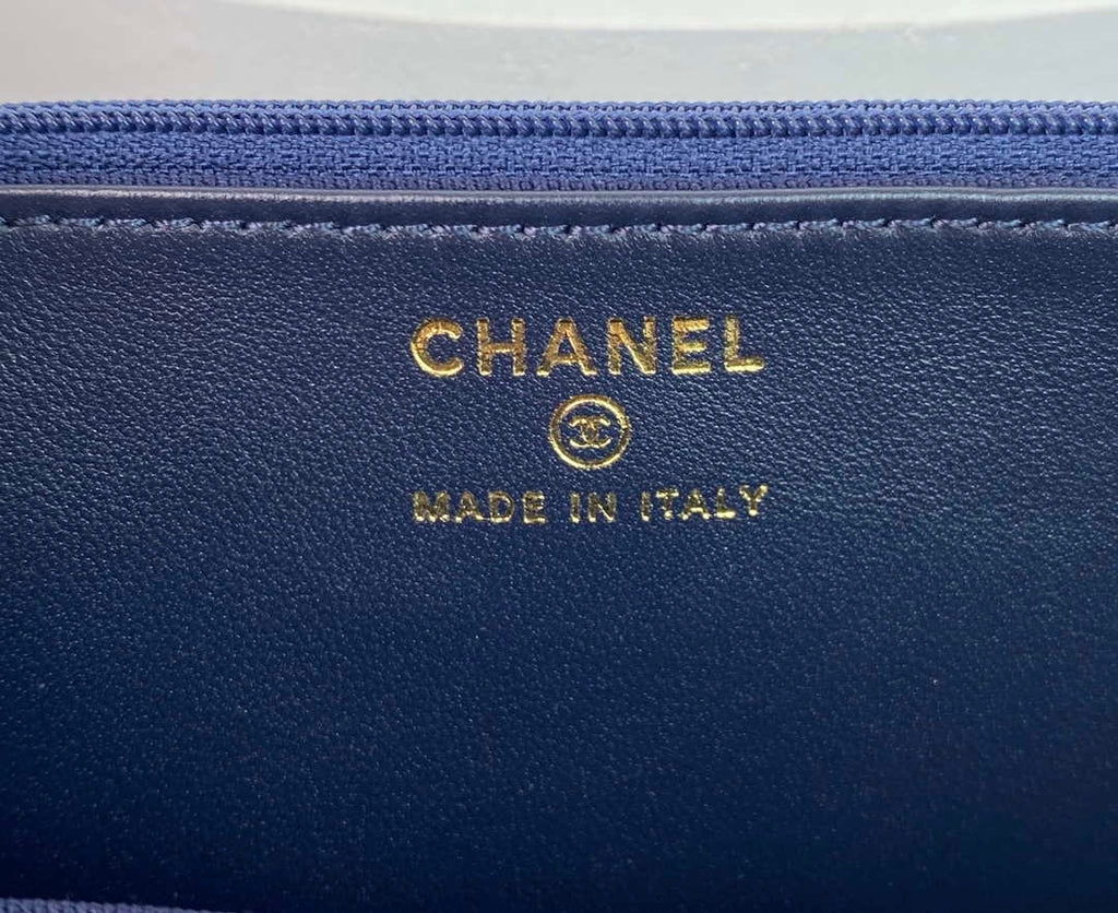 Chanel AP2844 Wallet on chain Lambskin bag with top handle Light gold Navy Blue