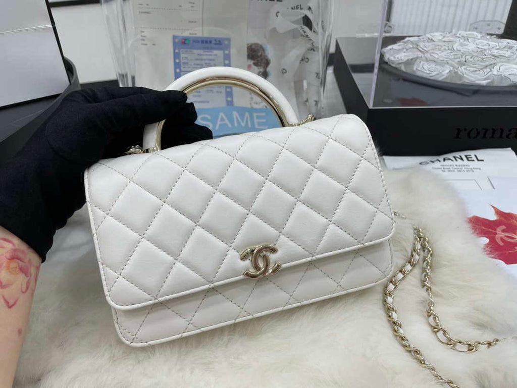 Chanel AP2844 Wallet on chain Lambskin bag with top handle Light gold White