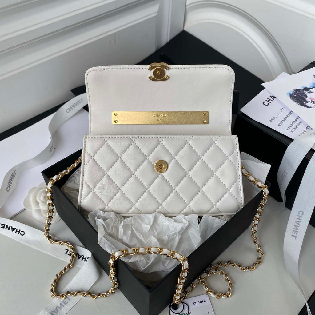 Chanel AP2946 Phone Holder Clutch with Chain Lambskin White