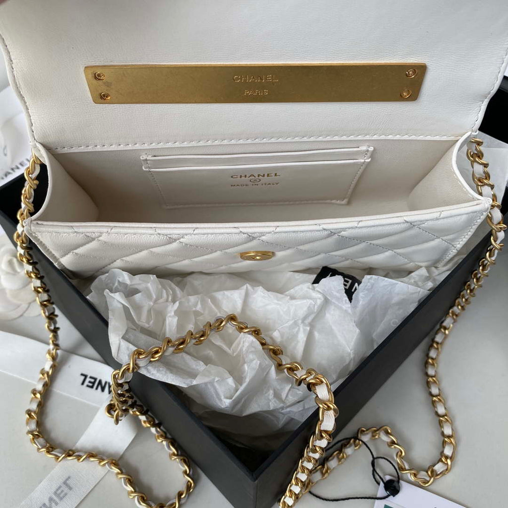 Chanel AP2946 Phone Holder Clutch with Chain Lambskin White
