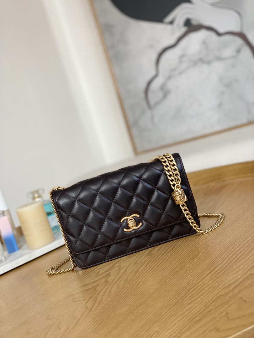 Chanel AP3043 WALLET ON CHAIN Lambskin & Gold-Tone Metal Dark Brown - Default Title - View 1