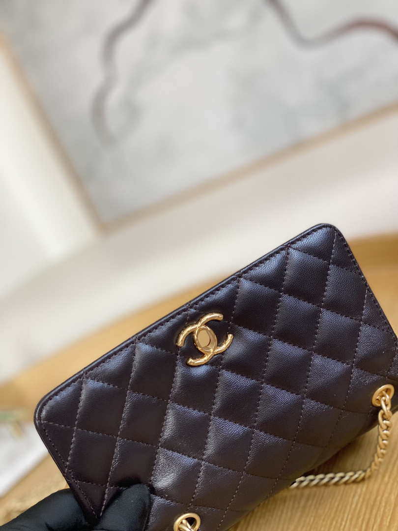 Chanel AP3043 WALLET ON CHAIN Lambskin & Gold-Tone Metal Dark Brown - Default Title - View 3