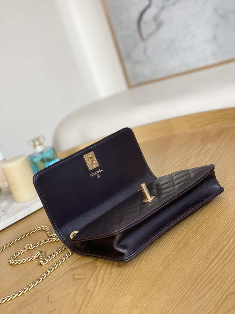 Chanel AP3043 WALLET ON CHAIN Lambskin & Gold-Tone Metal Dark Brown