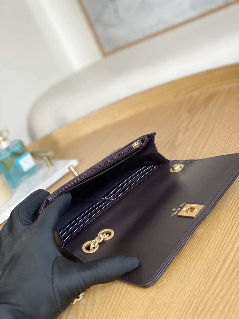 Chanel AP3043 WALLET ON CHAIN Lambskin & Gold-Tone Metal Dark Brown