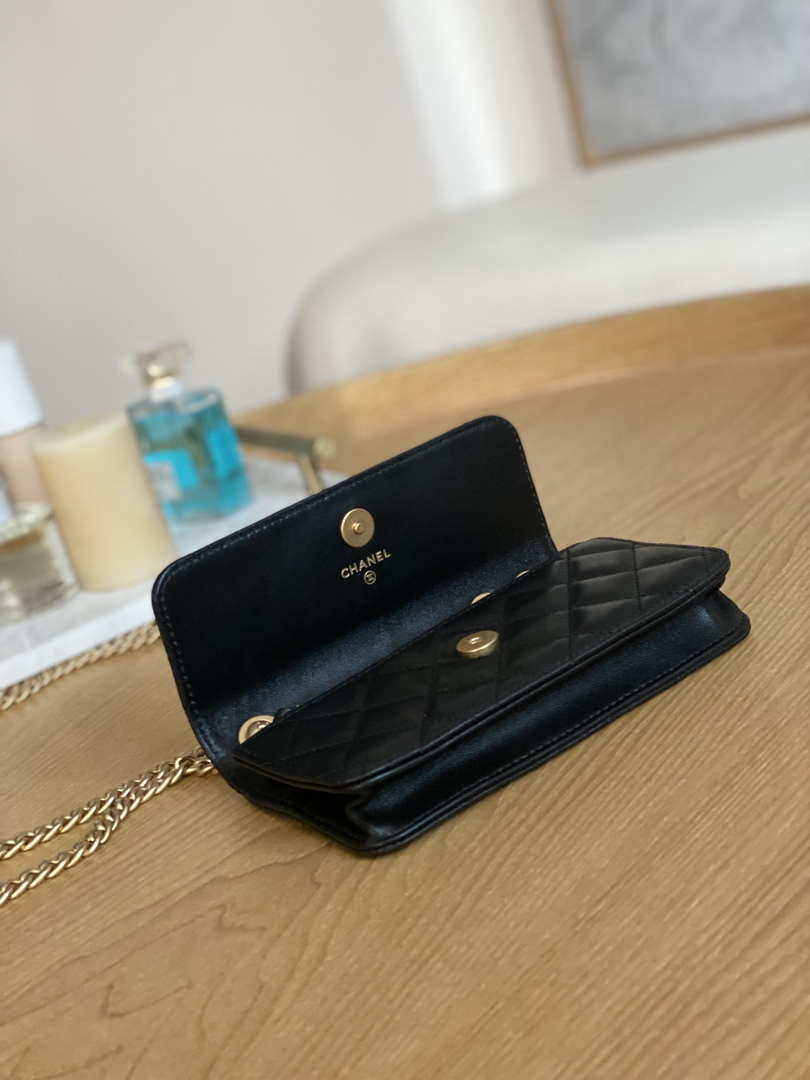 Chanel AP3047 FLAP Phone Holder With Chain Black Lambskin