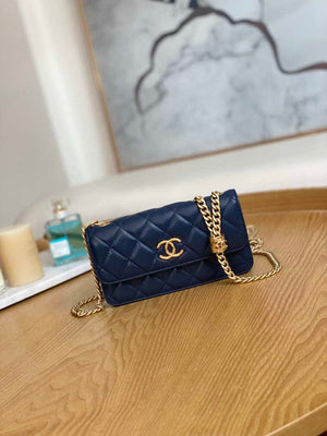 Chanel AP3047 FLAP Phone Holder With Chain Blue Lambskin & Gold-Tone Metal - Default Title - View 1