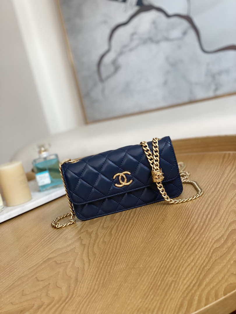 Chanel AP3047 FLAP Phone Holder With Chain Blue Lambskin & Gold-Tone Metal - Default Title - View 1