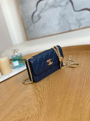 Chanel AP3047 FLAP Phone Holder With Chain Blue Lambskin & Gold-Tone Metal - Default Title - View 5