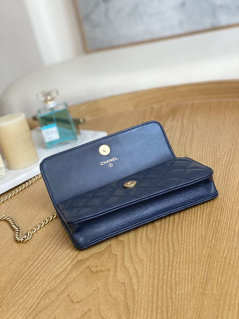 Chanel AP3047 FLAP Phone Holder With Chain Blue Lambskin & Gold-Tone Metal