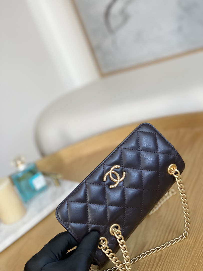 Chanel AP3047 FLAP Phone Holder With Chain Dark brown Lambskin - Default Title - View 3