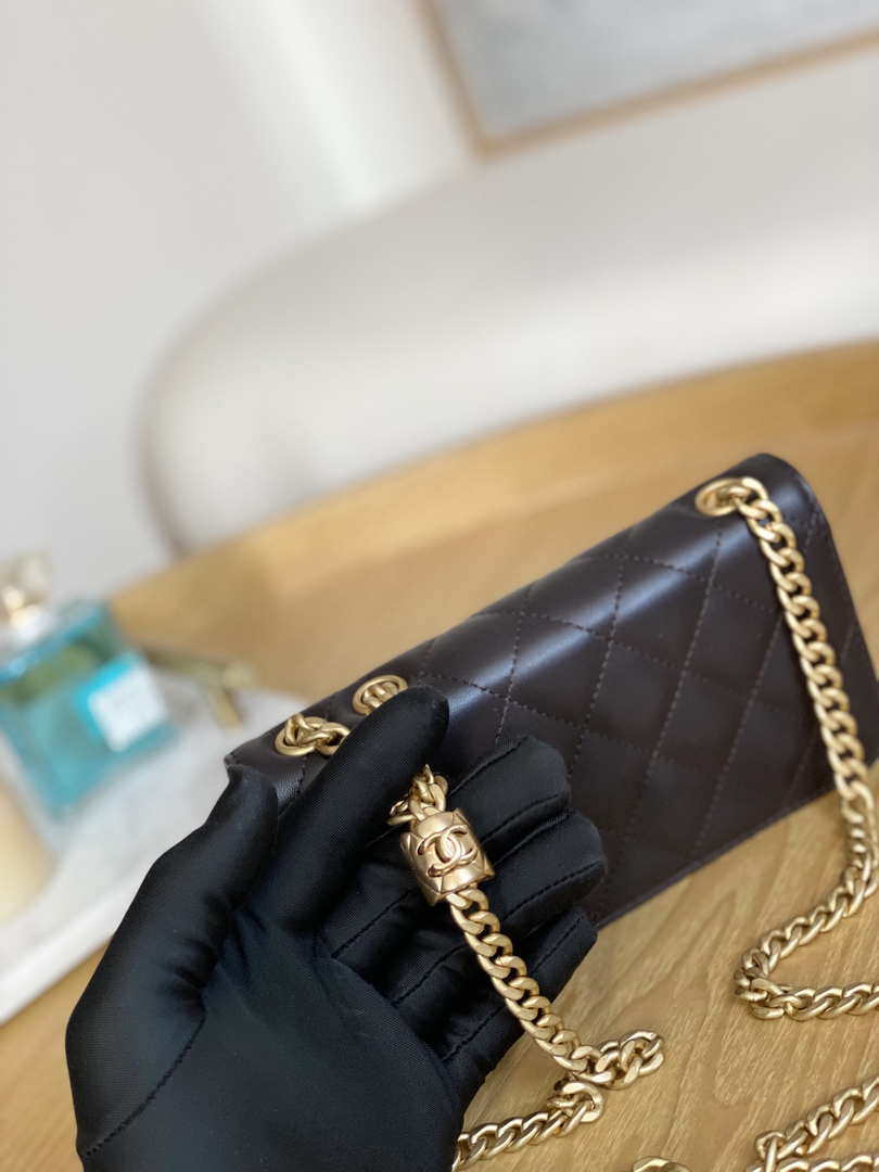 Chanel AP3047 FLAP Phone Holder With Chain Dark brown Lambskin
