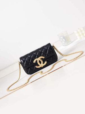 Chanel AP3207 Phone Holder With Chain shiny Lambskin & Gold-Tone Metal black - Default Title - View 1