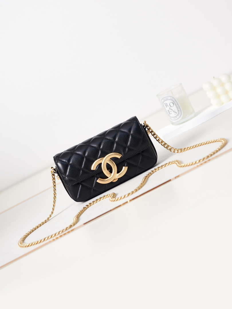 Chanel AP3207 Phone Holder With Chain shiny Lambskin & Gold-Tone Metal black - Default Title - View 1