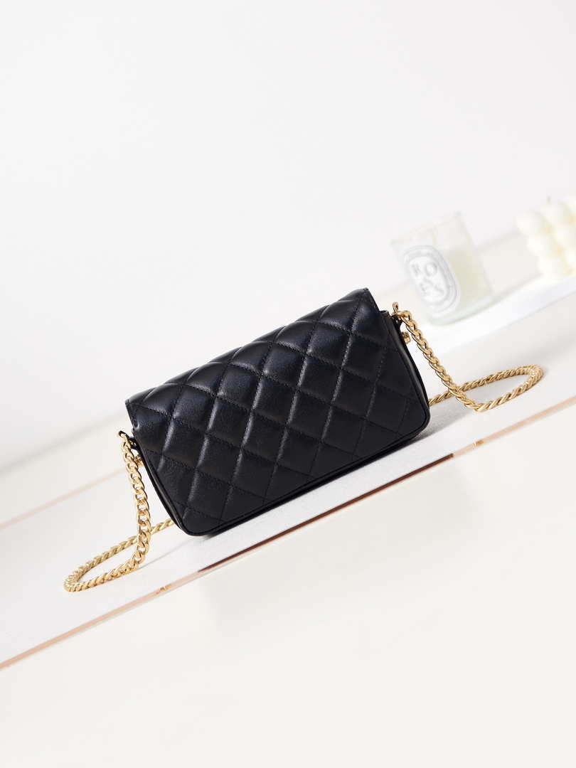Chanel AP3207 Phone Holder With Chain shiny Lambskin & Gold-Tone Metal black