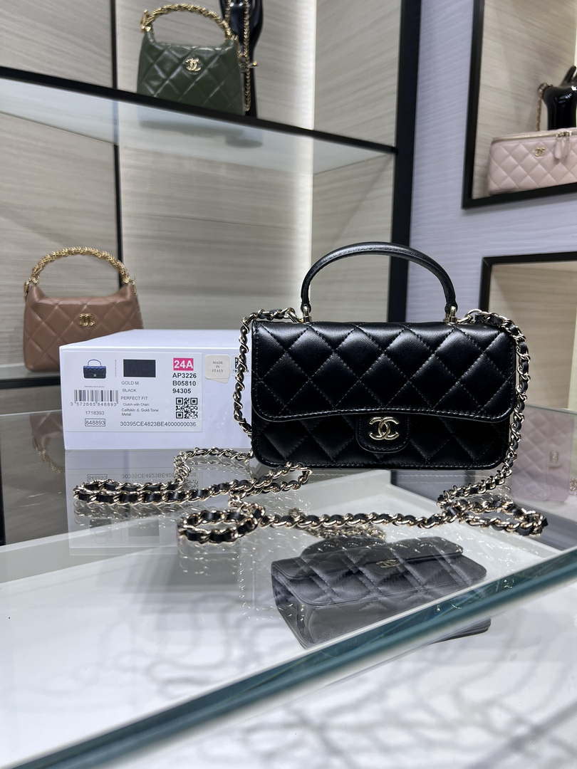 Chanel AP3226 Phone Holder with Chain Lambskin & Gold-Tone Metal Black