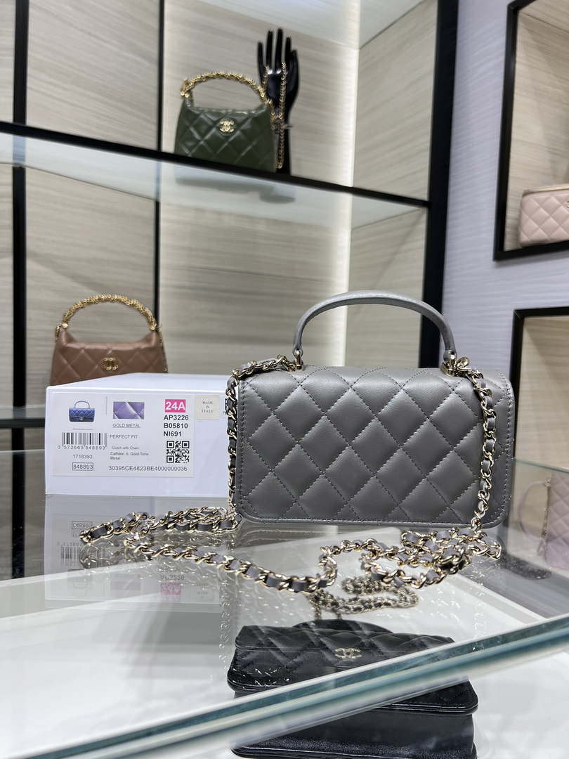 Chanel AP3226 Phone Holder with Chain Lambskin & Gold-Tone Metal Gray