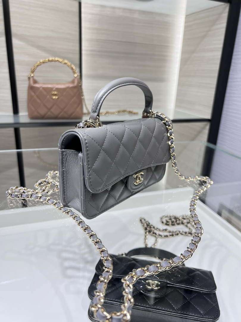 Chanel AP3226 Phone Holder with Chain Lambskin & Gold-Tone Metal Gray