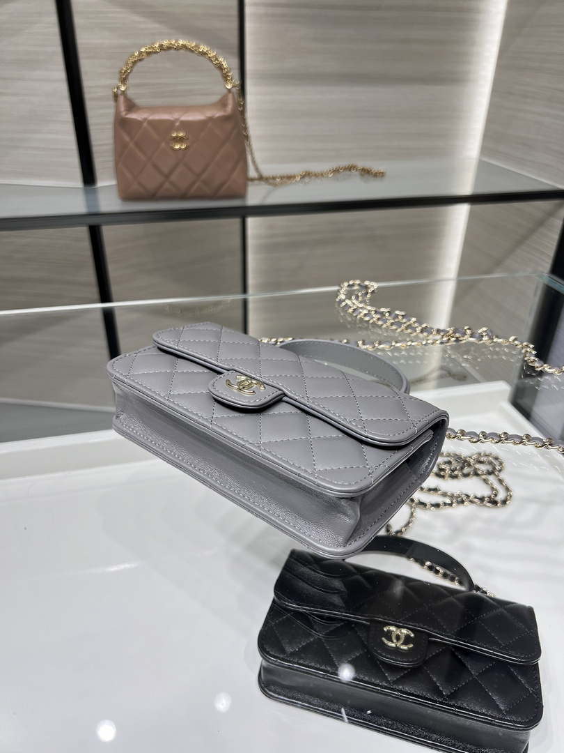 Chanel AP3226 Phone Holder with Chain Lambskin & Gold-Tone Metal Gray - Default Title - View 6
