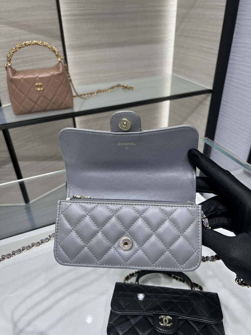 Chanel AP3226 Phone Holder with Chain Lambskin & Gold-Tone Metal Gray