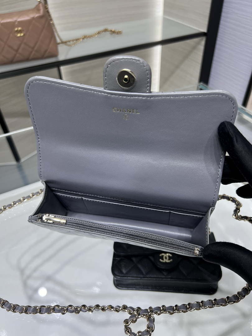 Chanel AP3226 Phone Holder with Chain Lambskin & Gold-Tone Metal Gray